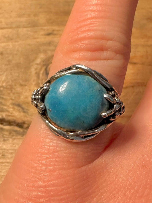 Vintage Turquoise Ornate 925 Silver Size M Ring