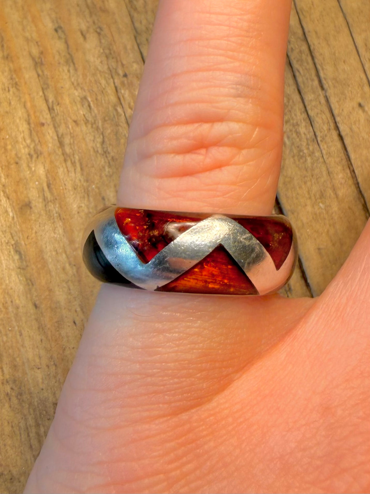Amber Rounded Inlay Band 925 Sterling Silver Size P Ring
