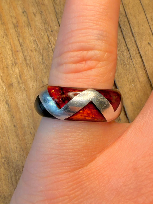 Amber Rounded Inlay Band 925 Sterling Silver Size P Ring
