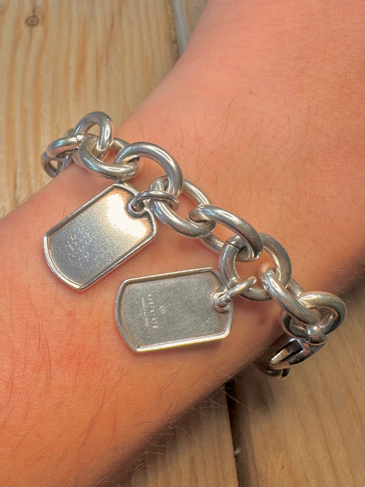 Vintage GUCCI Link Double Dog Tag Style 925 Silver 8.3 inch Bracelet