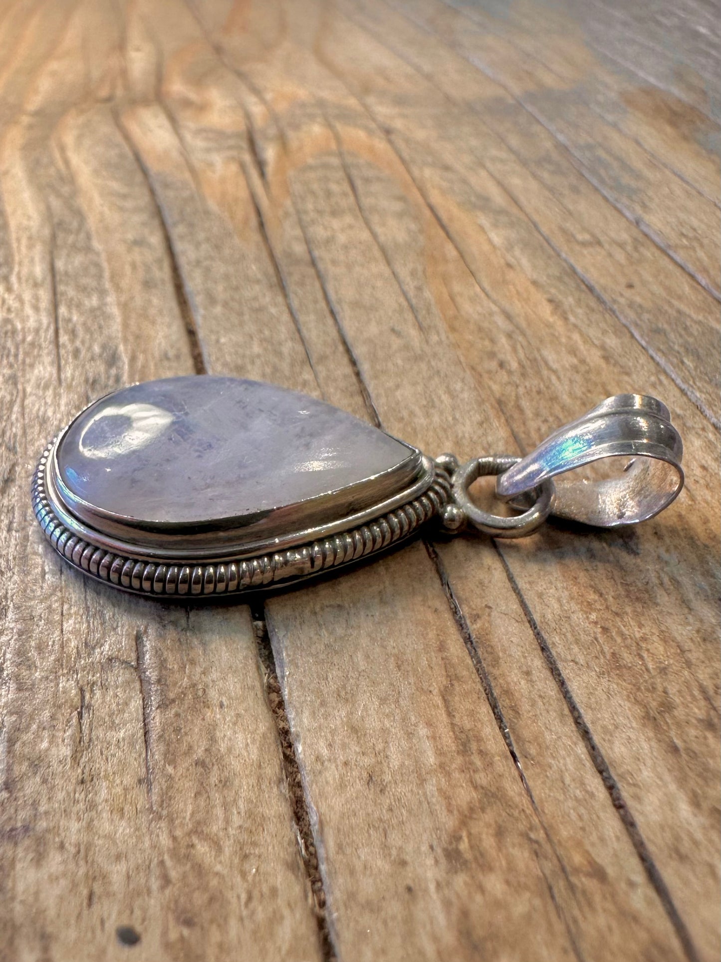 Moonstone Teardrop Rope Style Border 925 Sterling Silver Pendant
