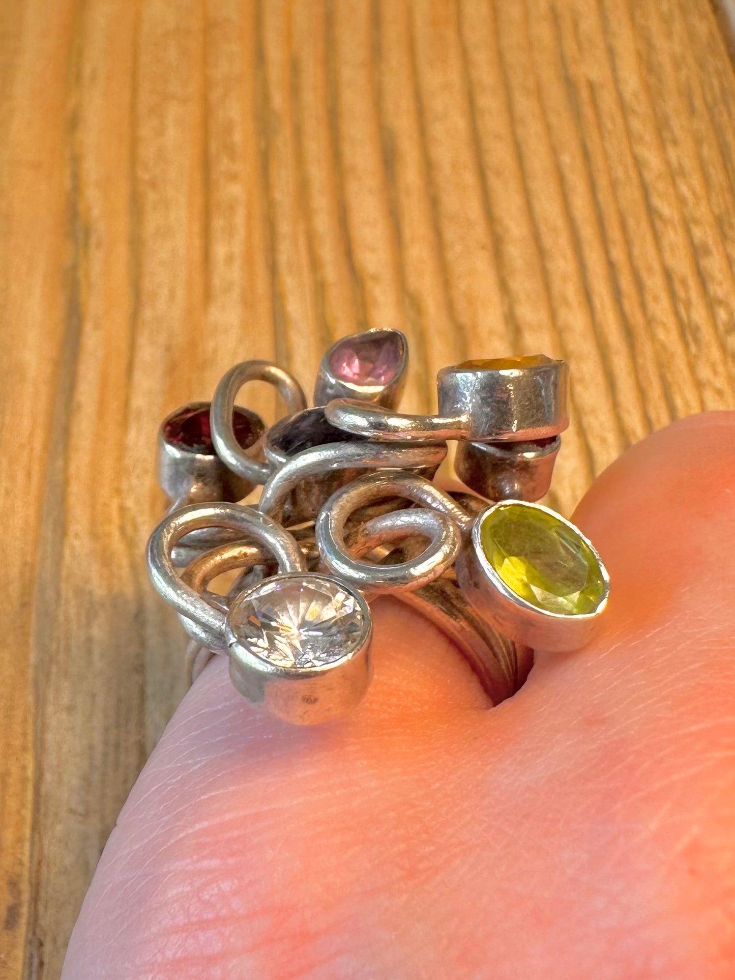 Multi Gemstone Wired Coil Design 925 Sterling Silver Size N Ring