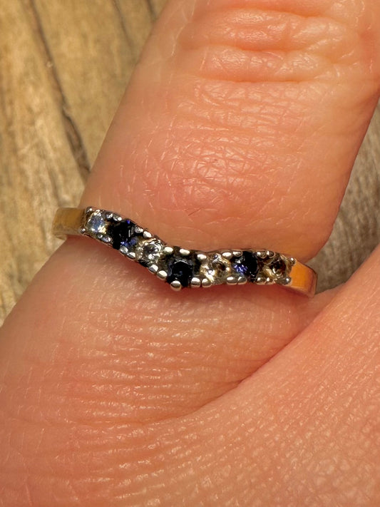 Vintage Wishbone White and Blue Stone Gold on 925 Sterling Silver Size M Ring
