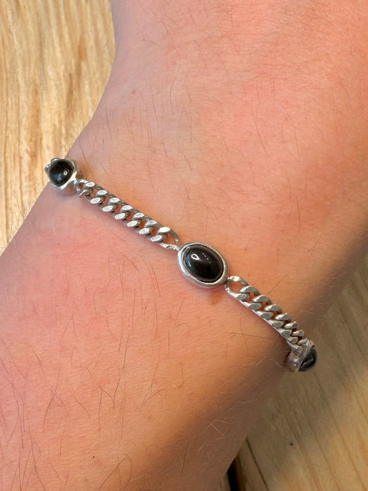 Vintage Black Stone Curb Chain 925 Silver 7.5 inch Bracelet