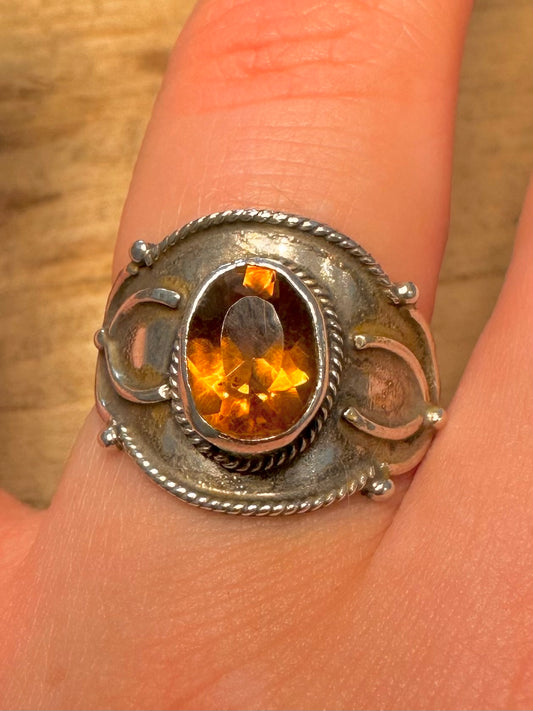 Vintage Citrine Boho 925 Silver Size S Ring