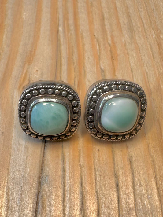 Vintage Chunky Larimar Stud 925 Sterling Silver Earrings