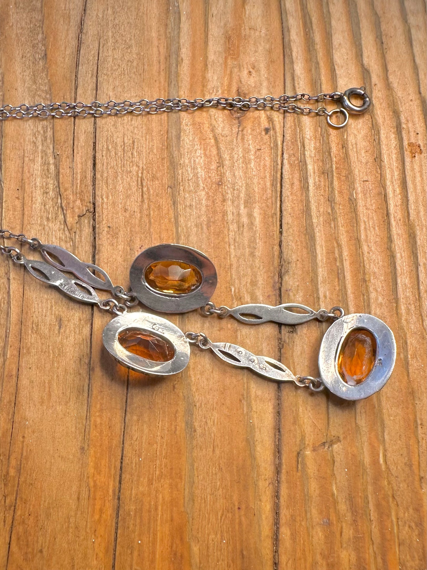 Art Deco Style Citrine Marcasite 925 Sterling Silver 15.25 inch Necklace