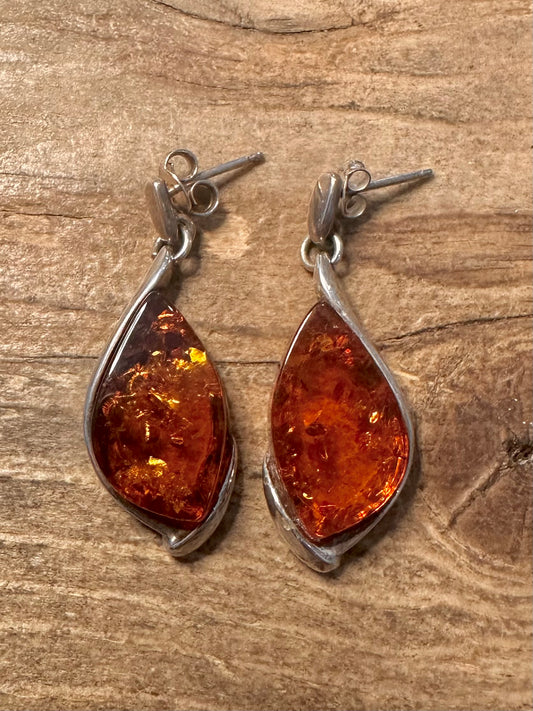 Vintage Amber Dangle 925 Silver Earrings