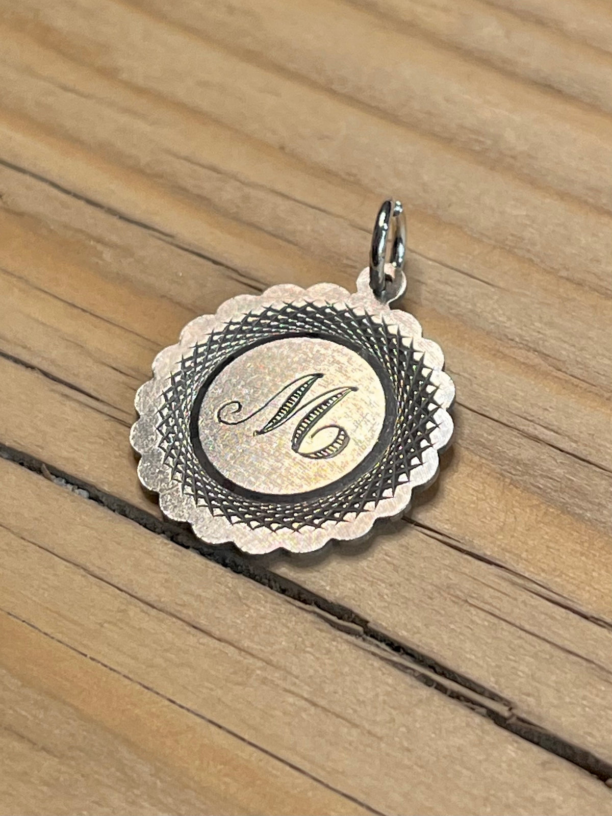 Flowery M Engraved Embellished Circle Maker ROM 925 Sterling Silver Pendant