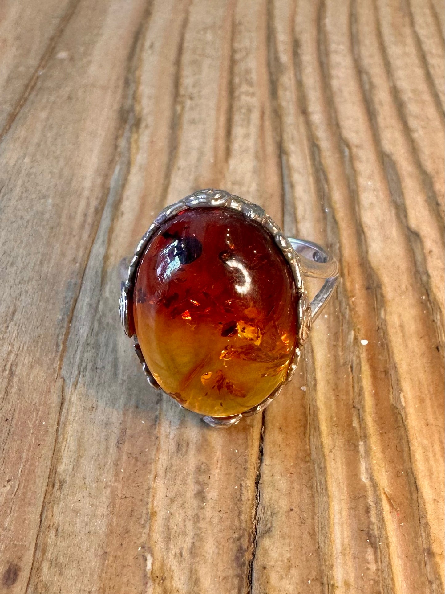 Amber Style Floral Mount 925 Sterling Silver Size U Adjustable Ring