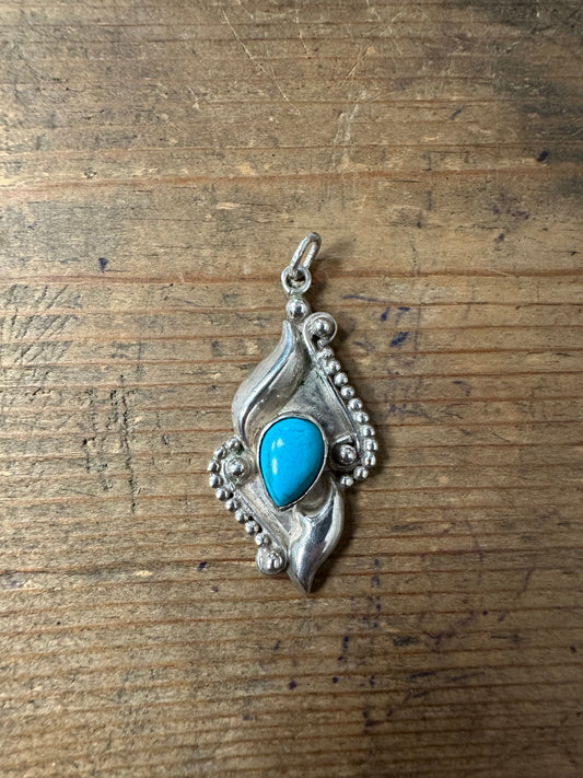 Vintage Turquoise Ornate Silver Pendant