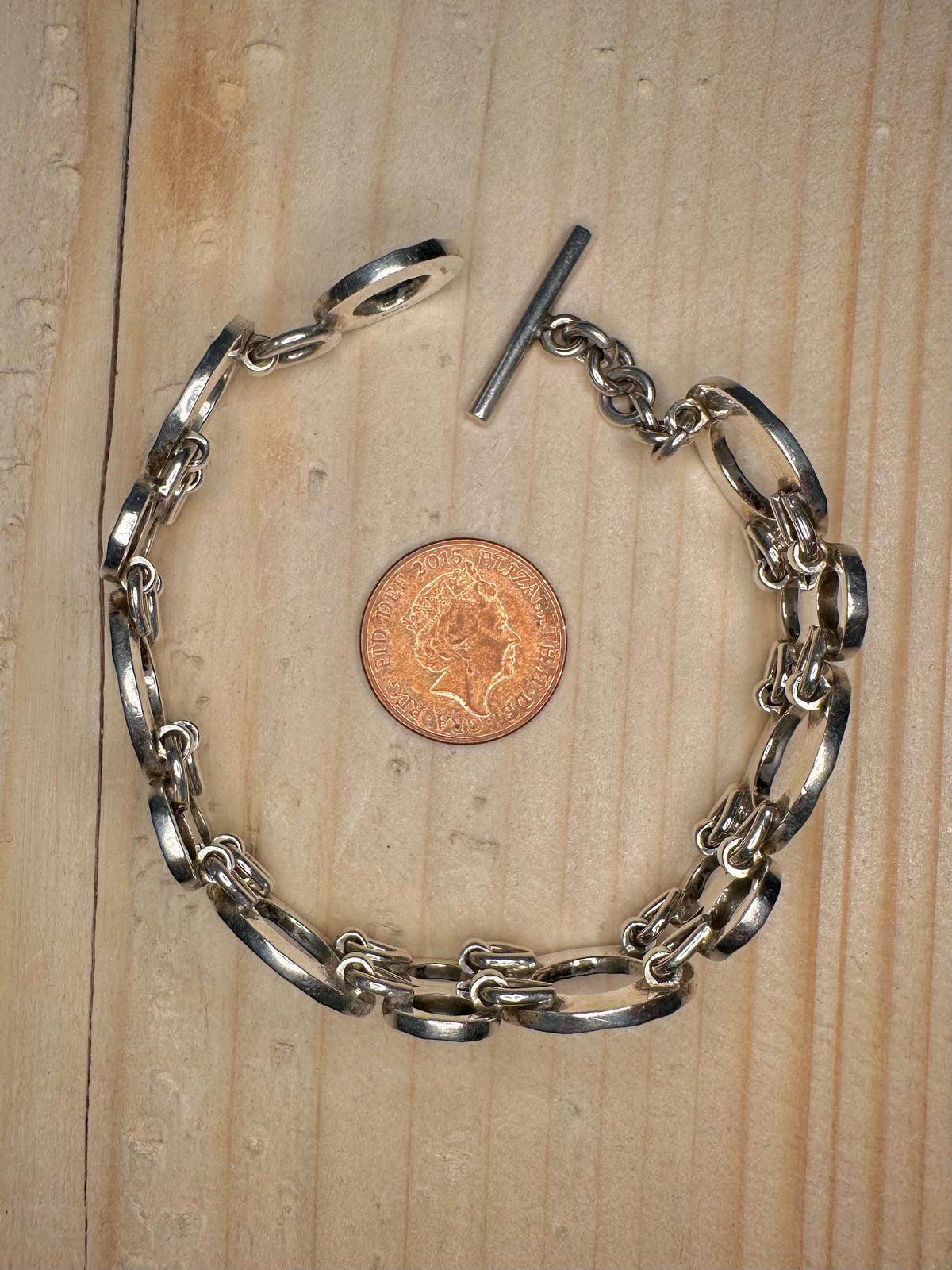 Hammered Circle Link T Bar 925 Sterling Silver 7.4 inch Bracelet