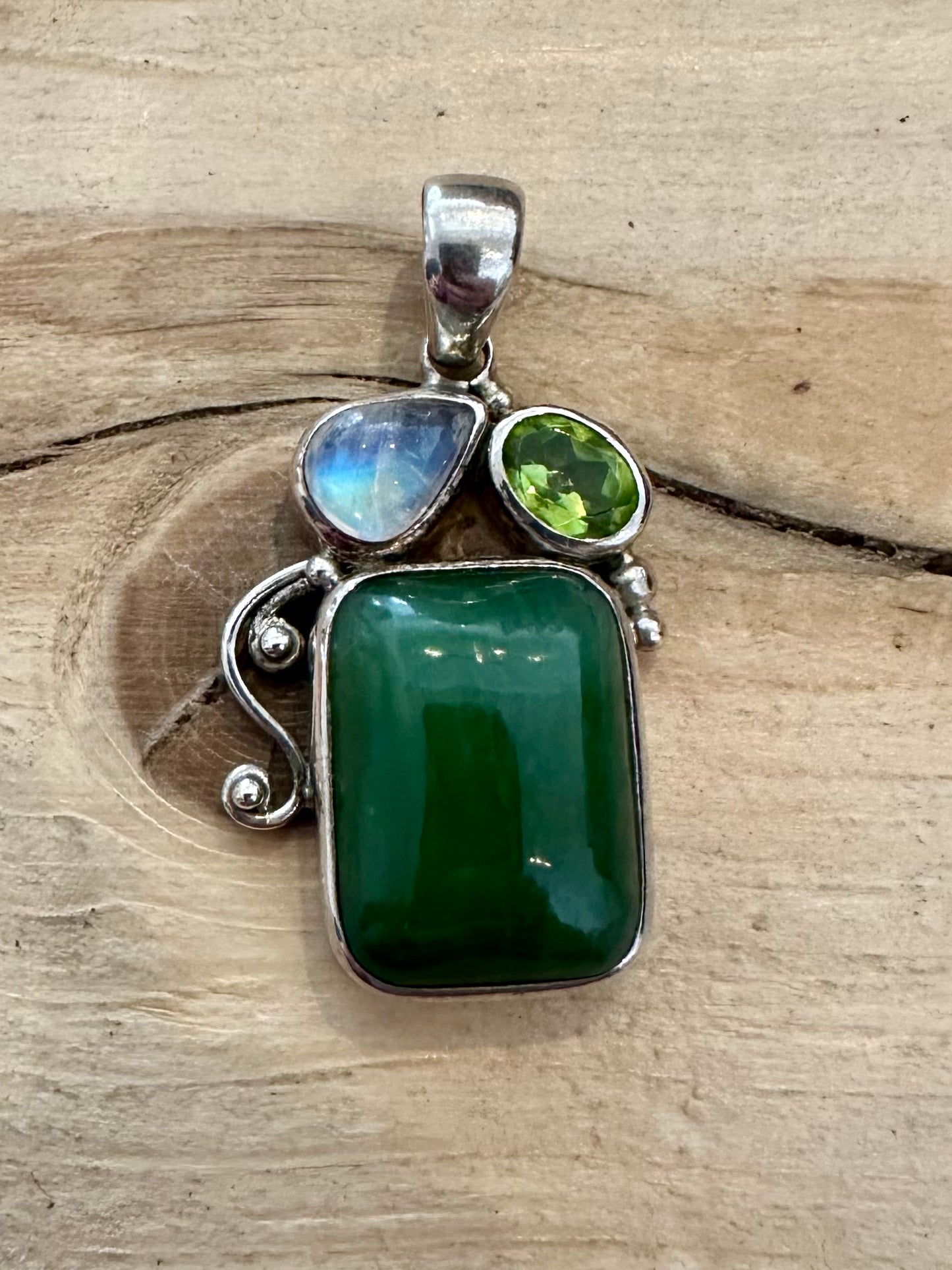 Abstract Green Stone Moonstone and Peridot 925 Silver Pendant