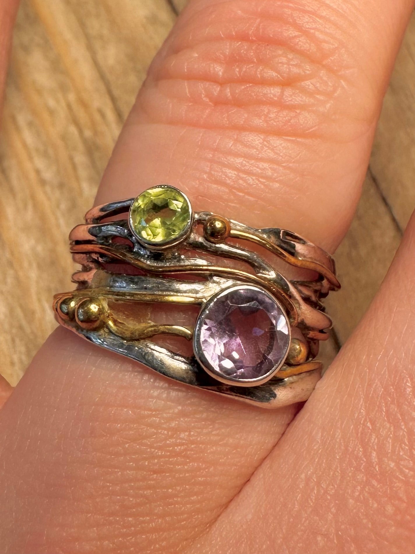 Abstract Multi Gemstone Gold Plate Parts 925 Sterling Silver Size R Ring