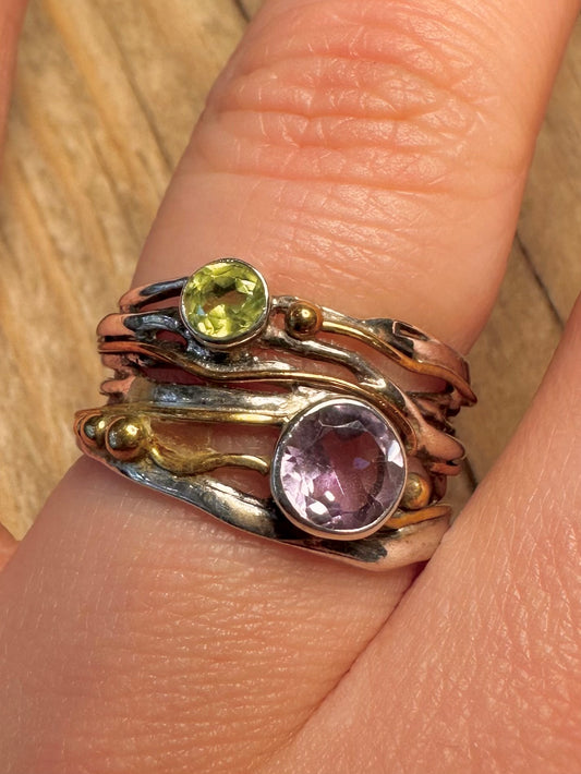 Abstract Multi Gemstone Gold Plate Parts 925 Sterling Silver Size R Ring