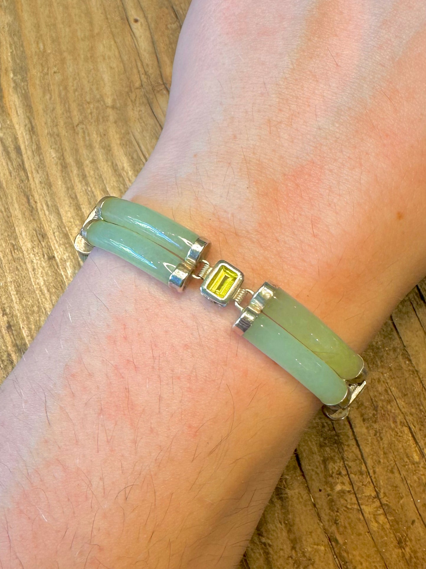 Jade Double Cylinders and Peridot 925 Sterling Silver 7.5 inch Bracelet