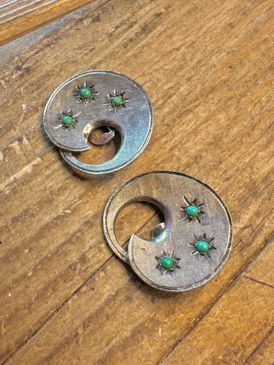 Star Burst Turquoise Brush Effect Clip On 925 Sterling Silver Earrings