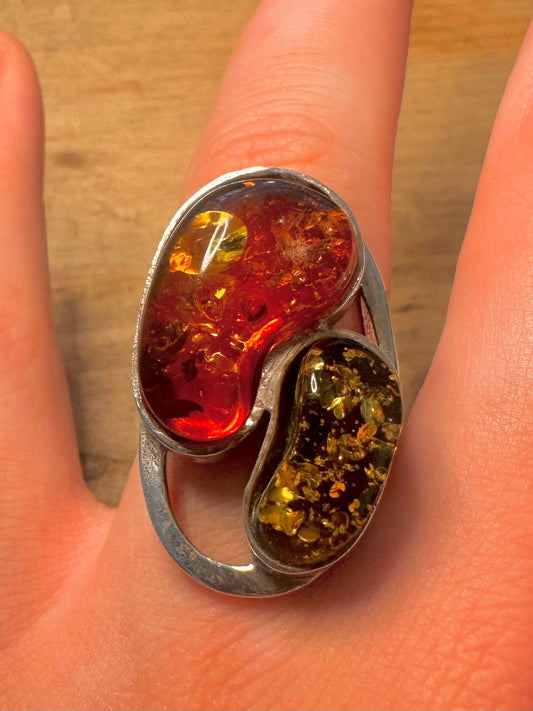 Abstract Chunky Amber 925 Silver Size S Ring