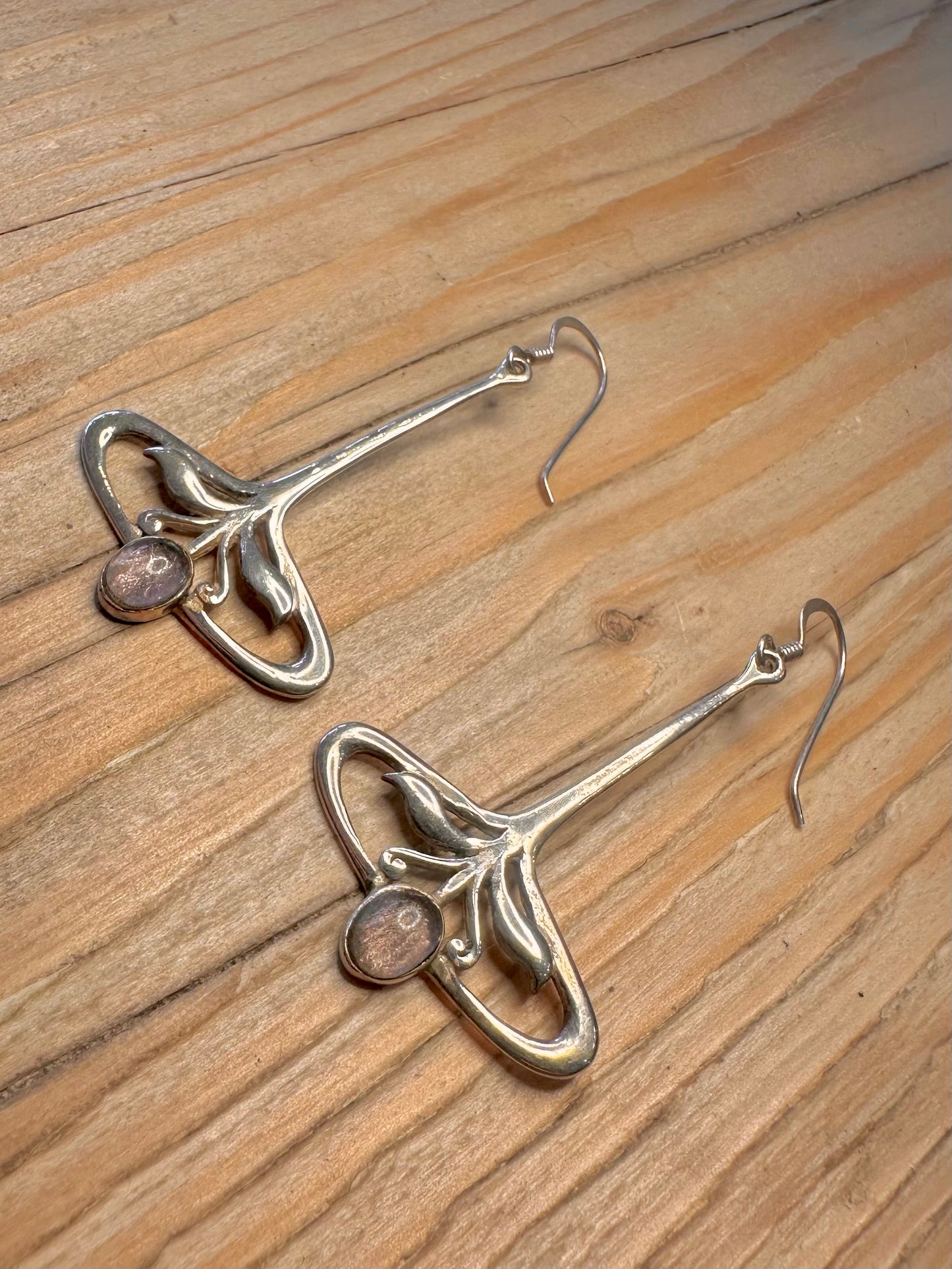 Vintage Art Nouveau Pink Stone 925 Sterling Silver Earrings