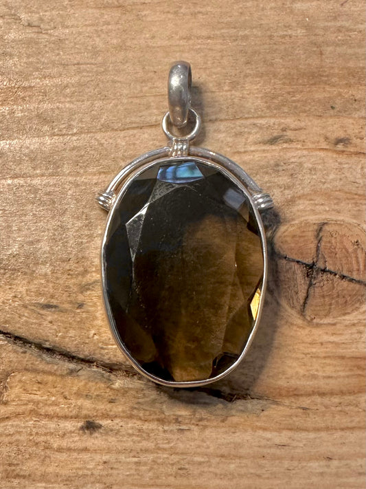Vintage Smokey Quarts Faceted 925 Silver Pendanr