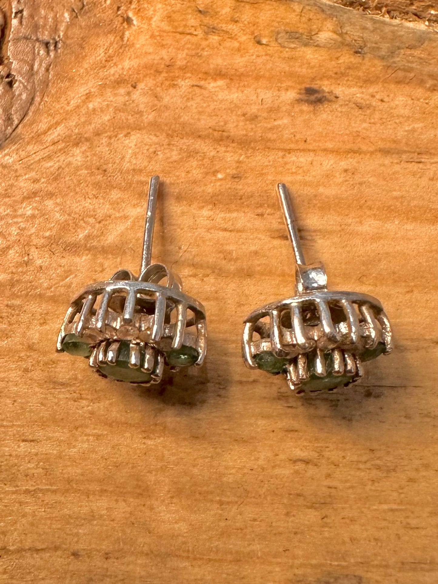 Vintage Emerald And White Stone 925 Silver Stud Earrings