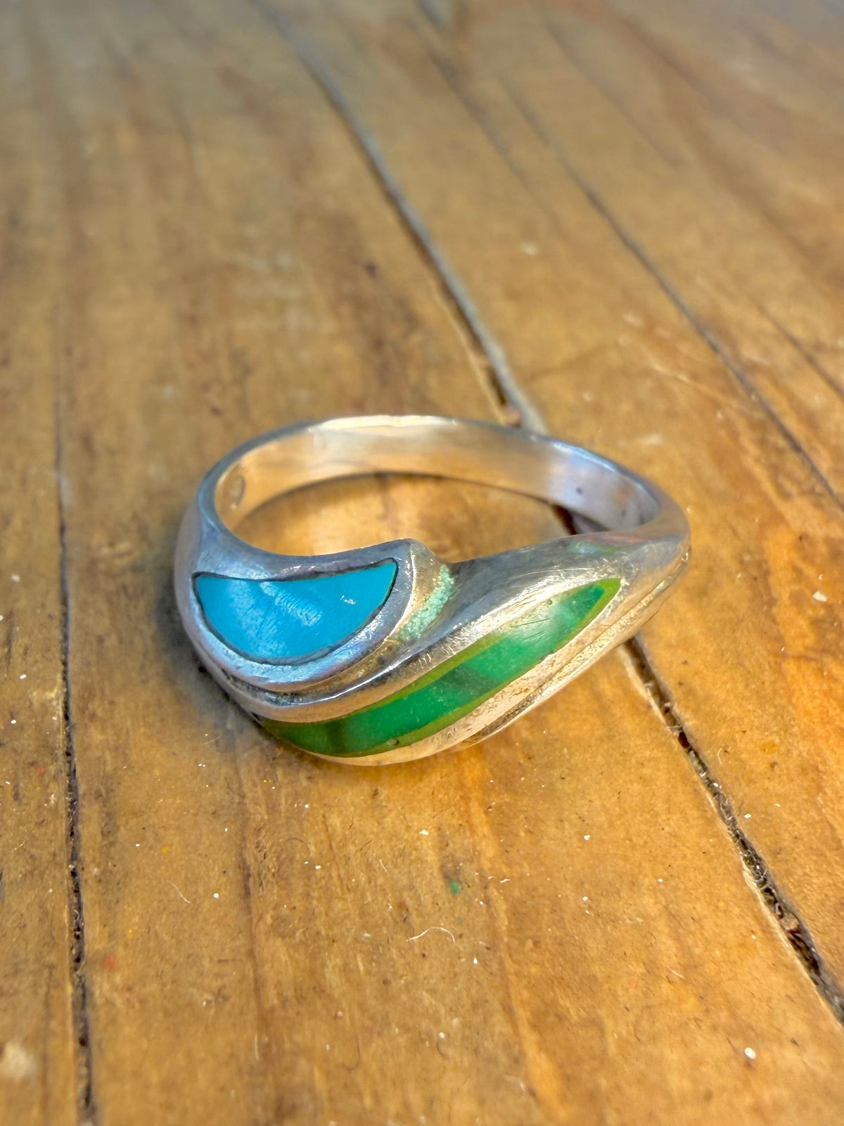 Malachite and Turquoise Inlay 925 Sterling Silver Size J1/2 Ring