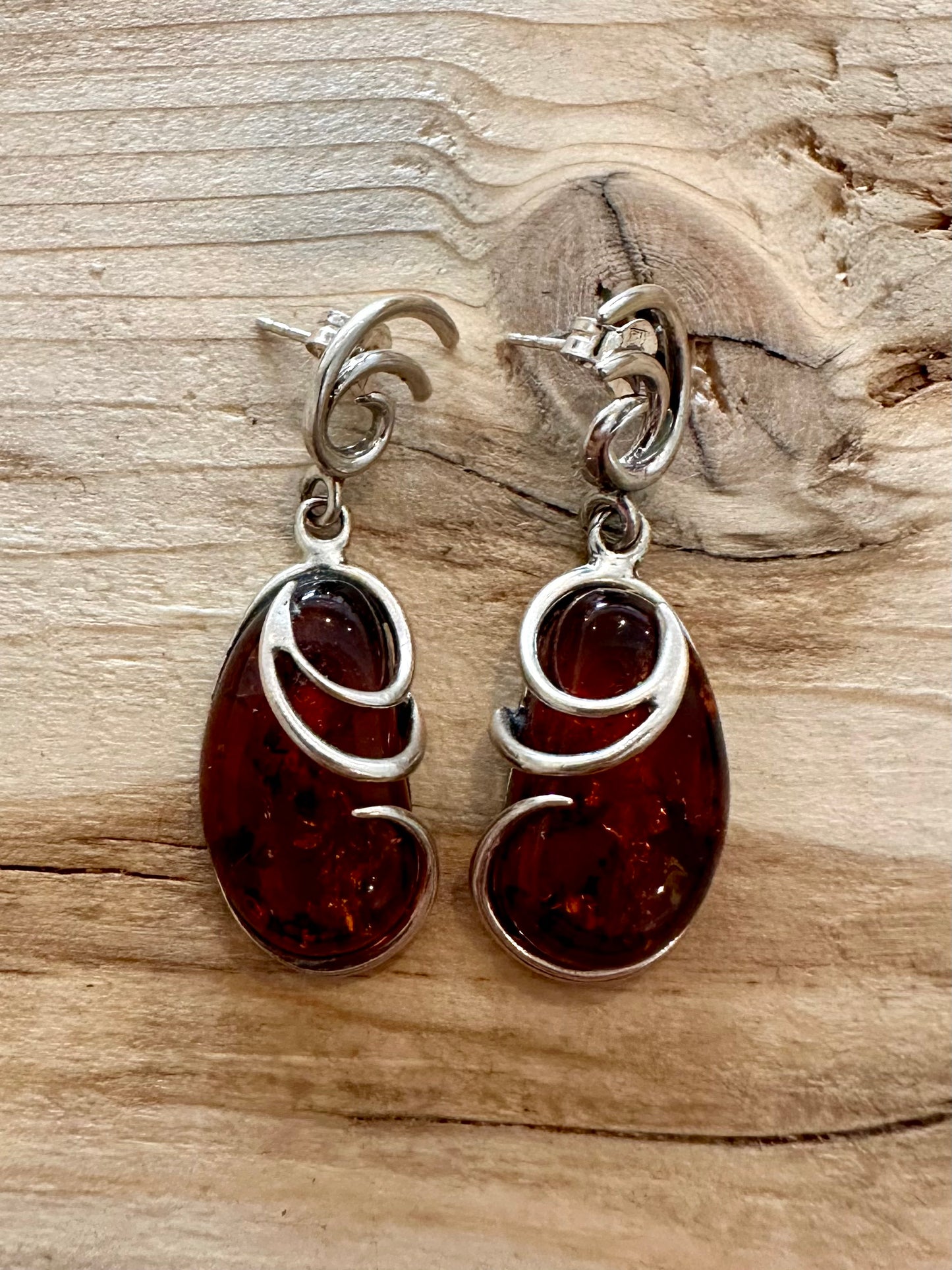 Vintage Amber Swirl Dangle 925 Silver Earrings