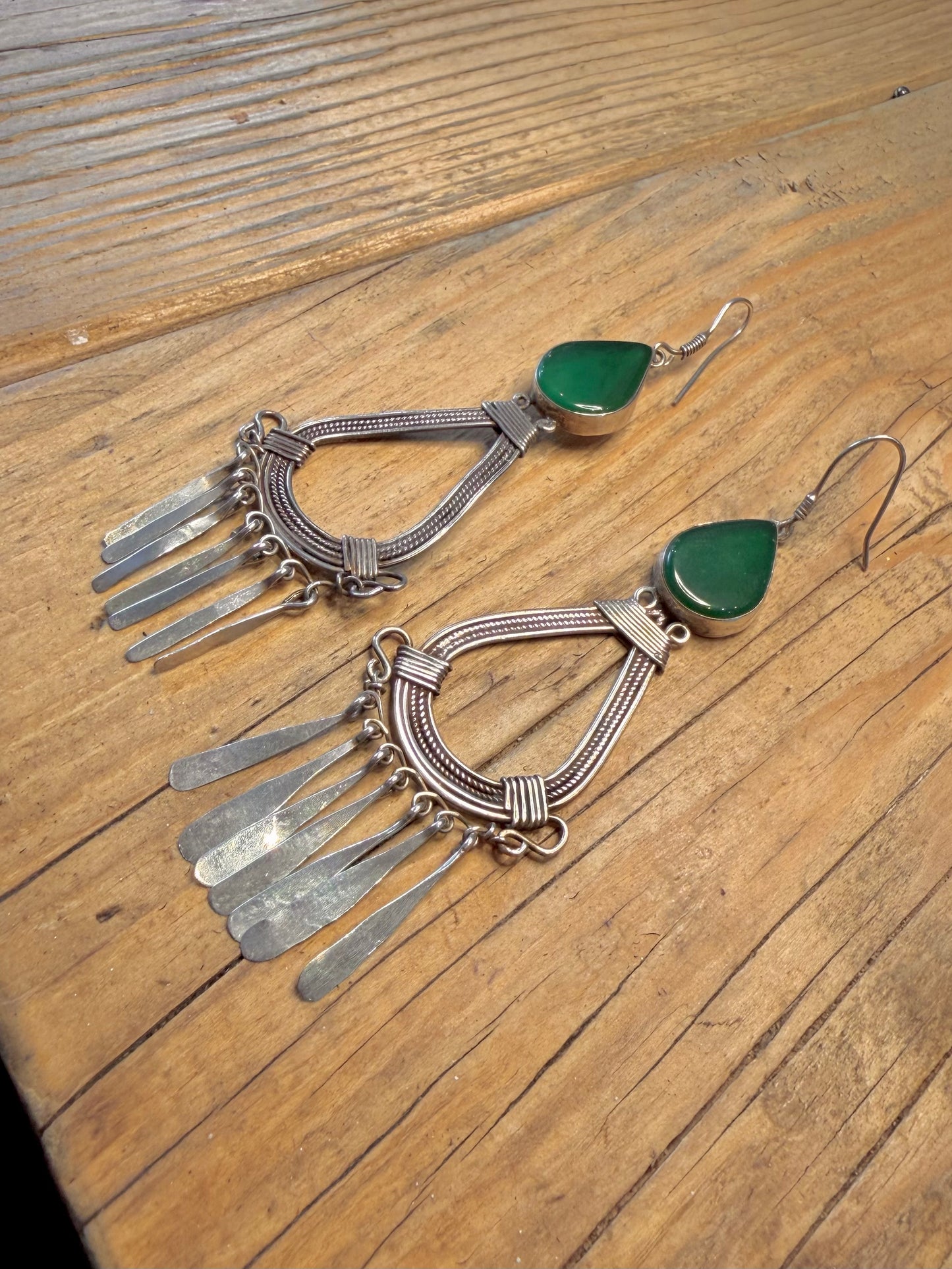 Large Handmade Chrysoprase Intricate Filigree Dangle 925 Sterling Silver Earrings