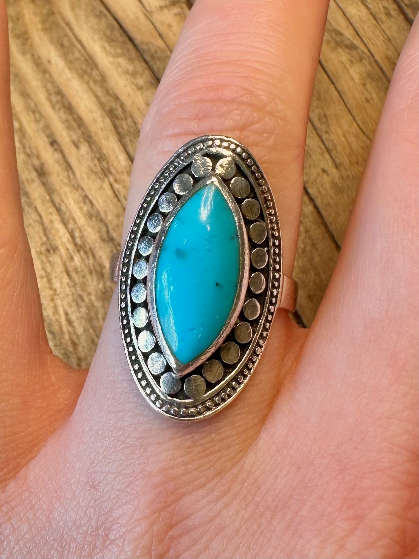 Elongated Turquoise Boho 925 Sterling Silver Size R1/2 Ring