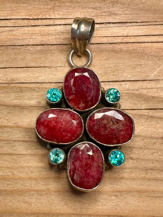 Vintage Ruby Faceted and Blue Stone 925 Sterling Silver Pendant