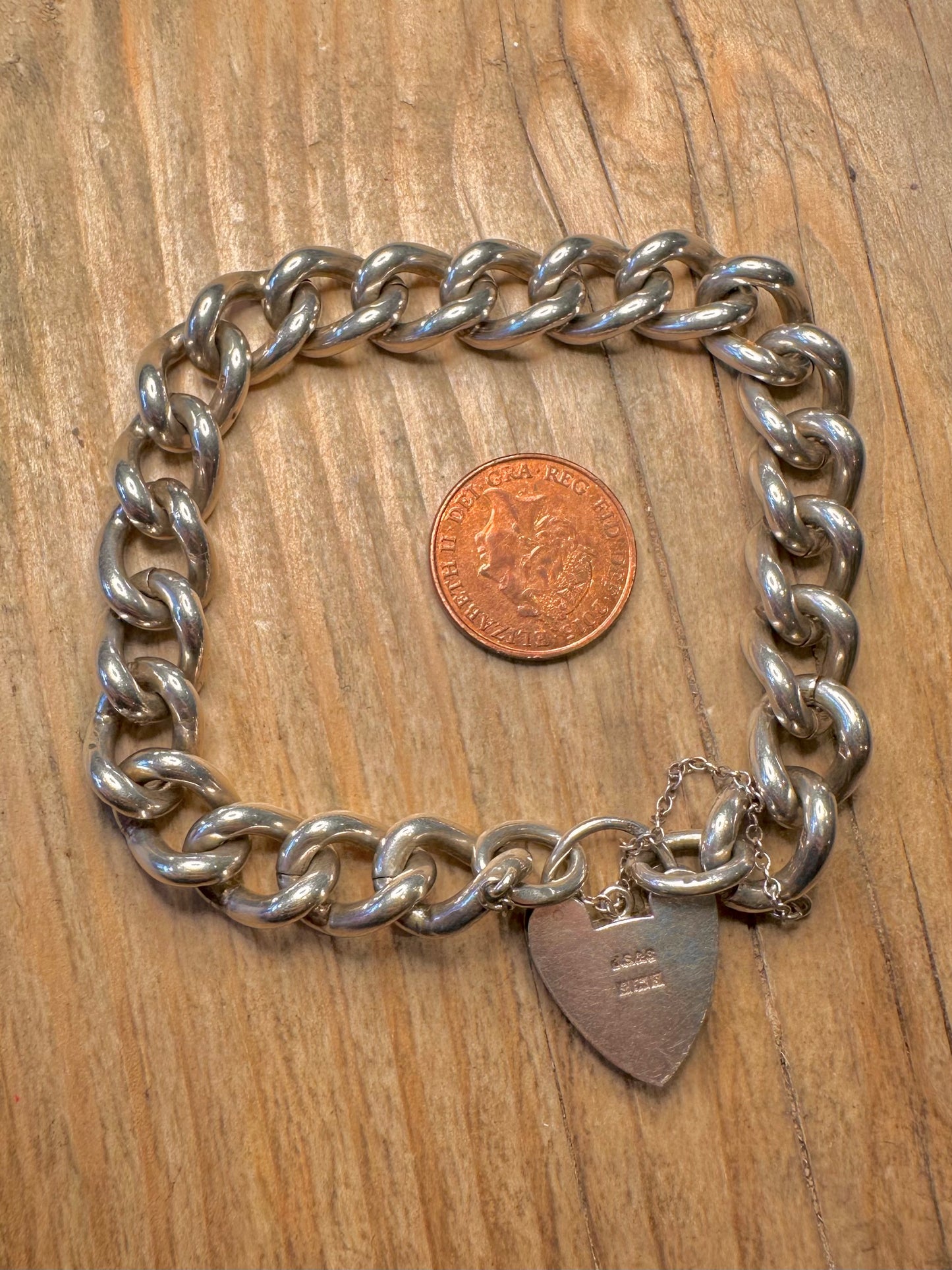 Vintage 1967 Chunky Curb Chain Heart Padlock 925 Sterling Silver Hallmarked 7.5 inch Bracelet