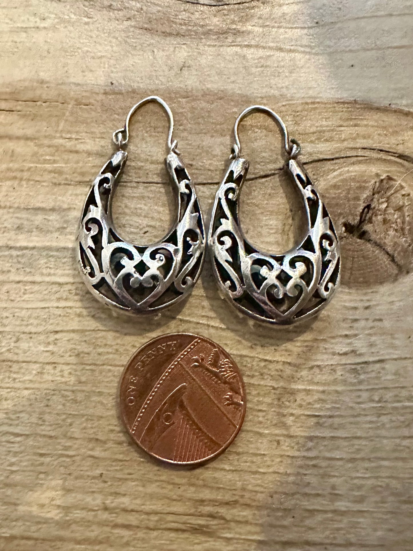 Vintage Filigree Drop Hoop 925 Silver Earrings