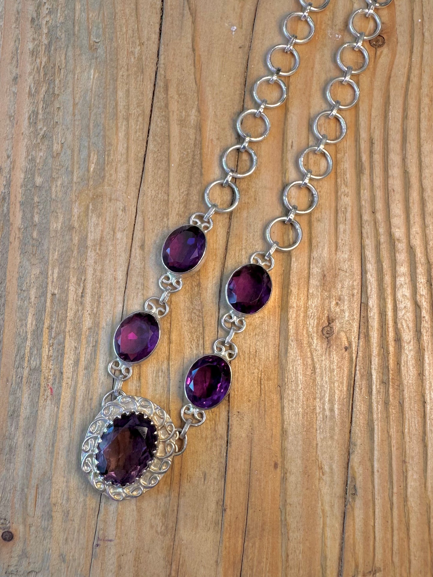 Amethyst Oval Faceted Circle Link 925 Sterling Silver 18.5 Inch Necklace