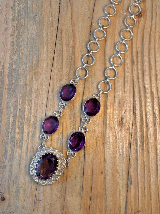 Amethyst Oval Faceted Circle Link 925 Sterling Silver 18.5 Inch Necklace