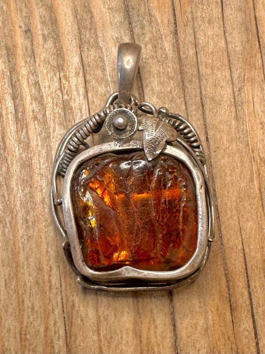 Abstract Art Nouveau Style Amber 925 Sterling Silver Pendant