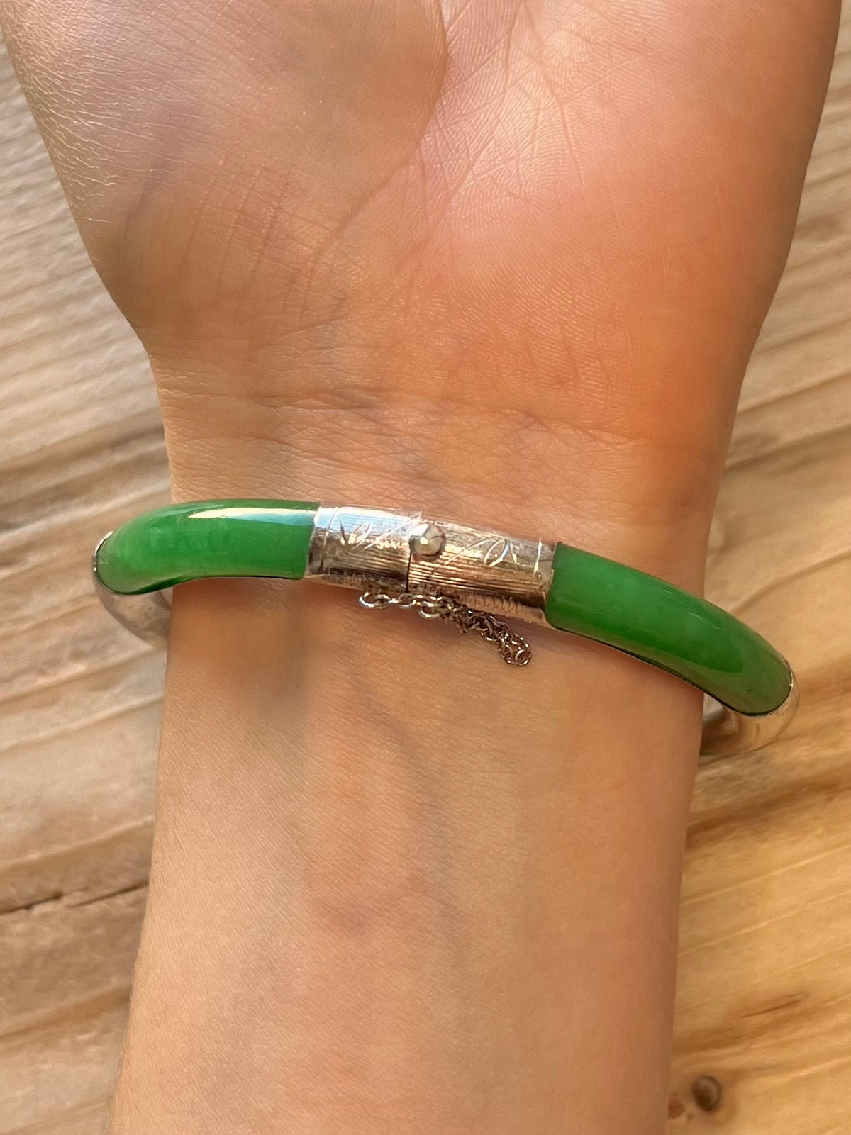 Jade Engraved with Safety Chain 925 Sterling Silver Bangle