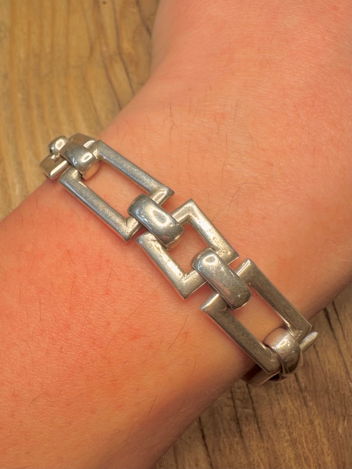 Abstract Square and Rectangle Heavy Link 925 Sterling Silver 7 inch Bracelet