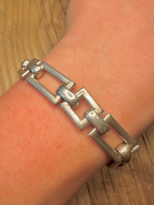 Abstract Square and Rectangle Heavy Link 925 Sterling Silver 7 inch Bracelet