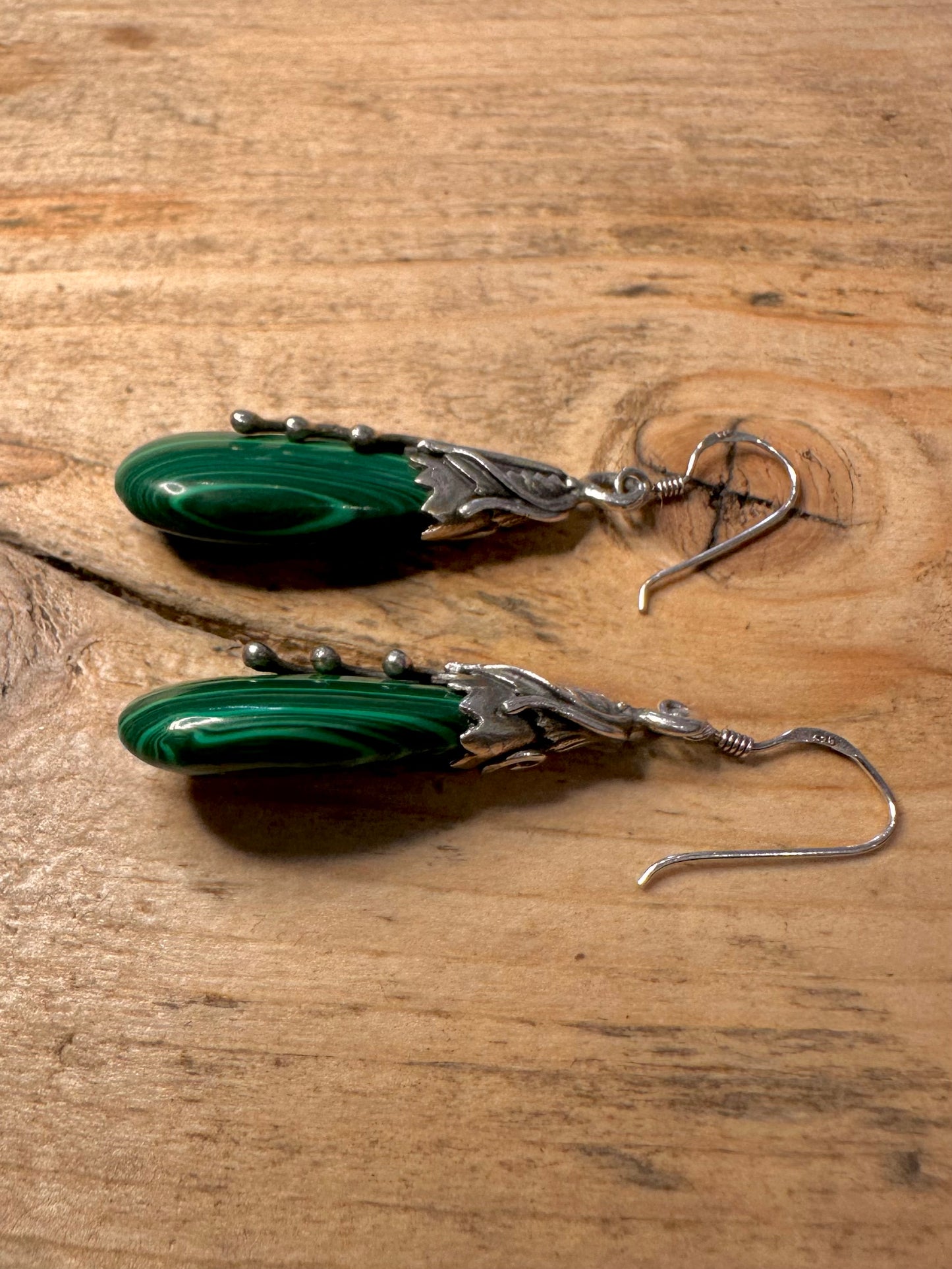 Abstract Malachite Dangle 925 Silver Earrings