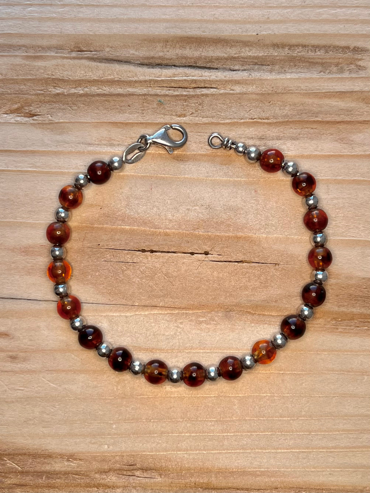 Amber Bead and Silver Balls 925 Sterling Silver 7.5 Inch Bracelet