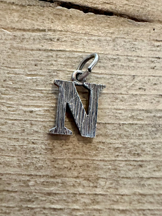 Vintage Bark Effect Letter N 925 Silver Pendant