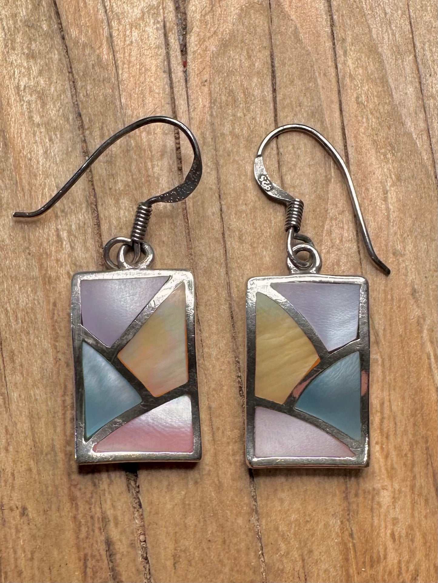 Modernist Multi Coloured Mother of Pearl Wavy 925 Sterling Silver Earrings
