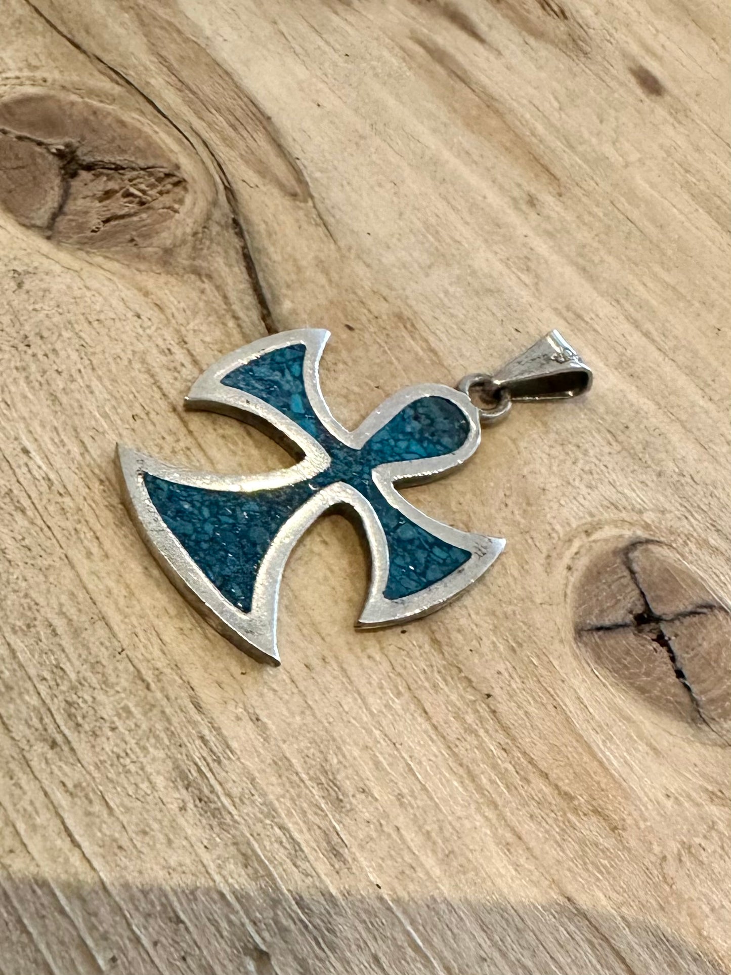 Vintage Turquoise Inlay Cross 925 Silver Mexico Pendant