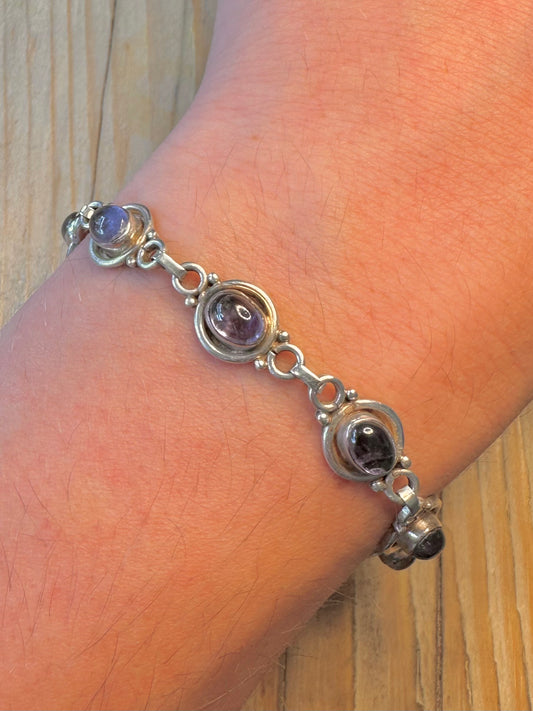 Vintage Amethyst Link 925 Silver 7 inch Bracelet