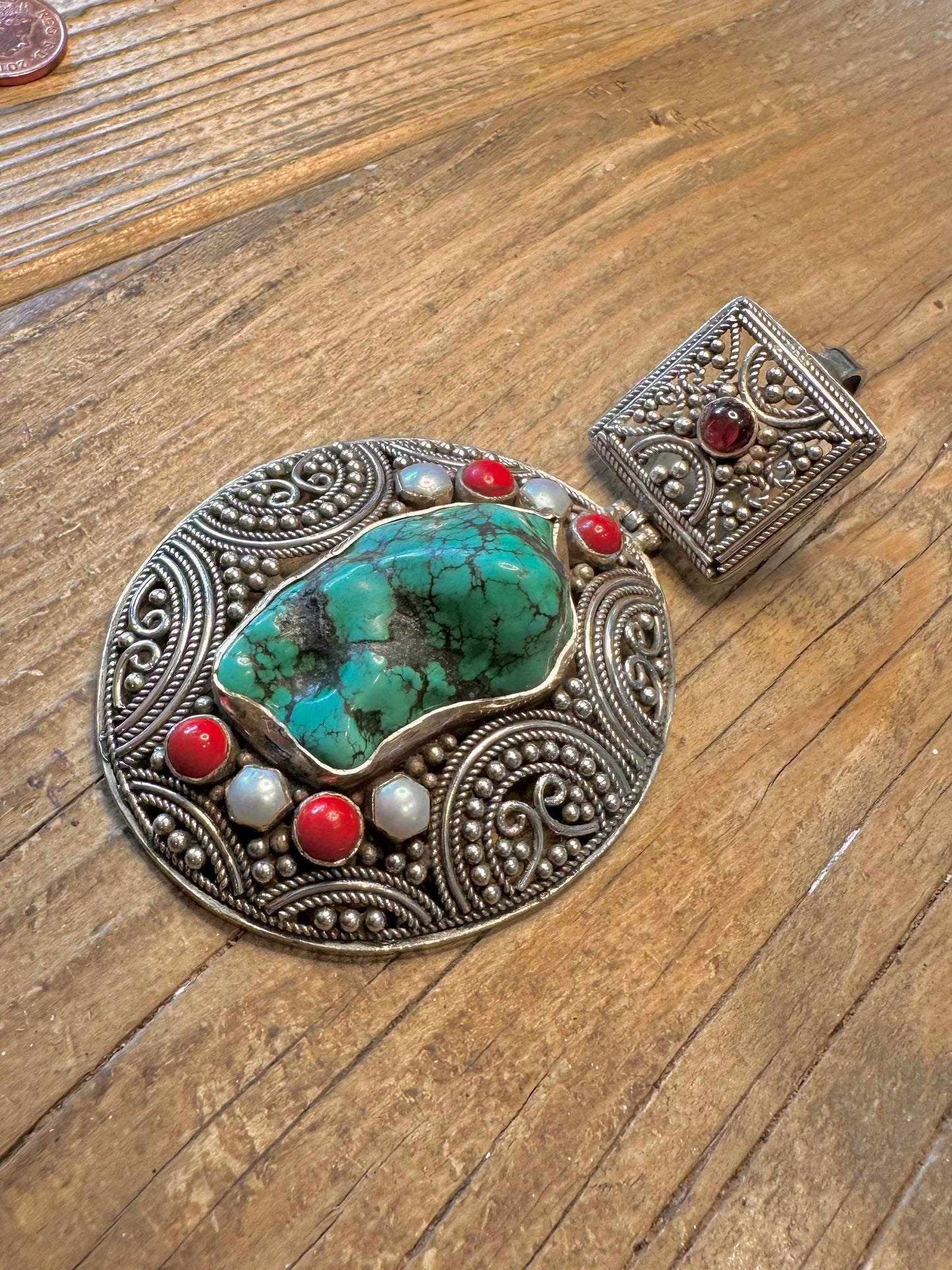 Large Turquoise Coral Amethyst and Pearl Indian Ornate 925 Sterling Silver Pendant