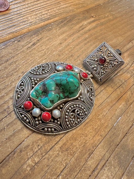 Large Turquoise Coral Amethyst and Pearl Indian Ornate 925 Sterling Silver Pendant
