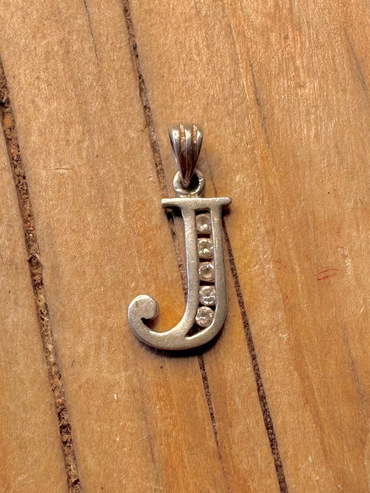 Vintage J Letter CZ Stone 925 Silver Pendant