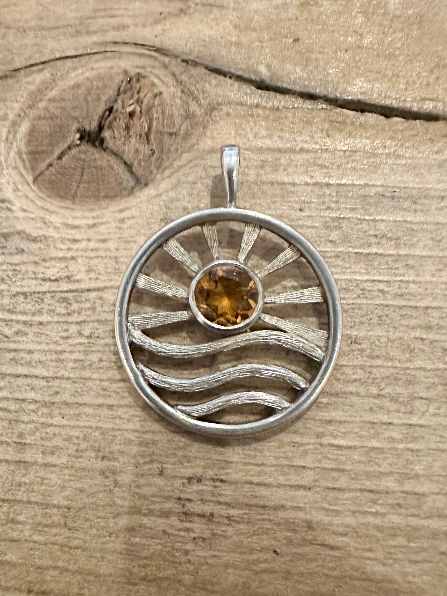 Vintage Abstract Citrine Sun and Wave 925 Silver Pendant