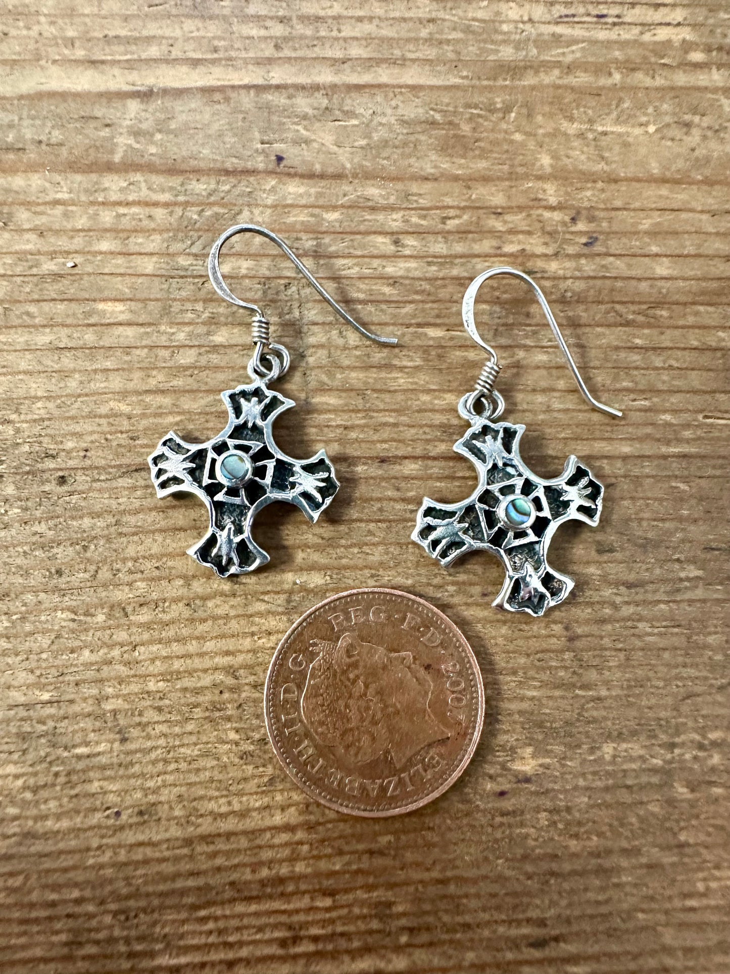 Vintage Abalone Cross 925 Silver Earrings