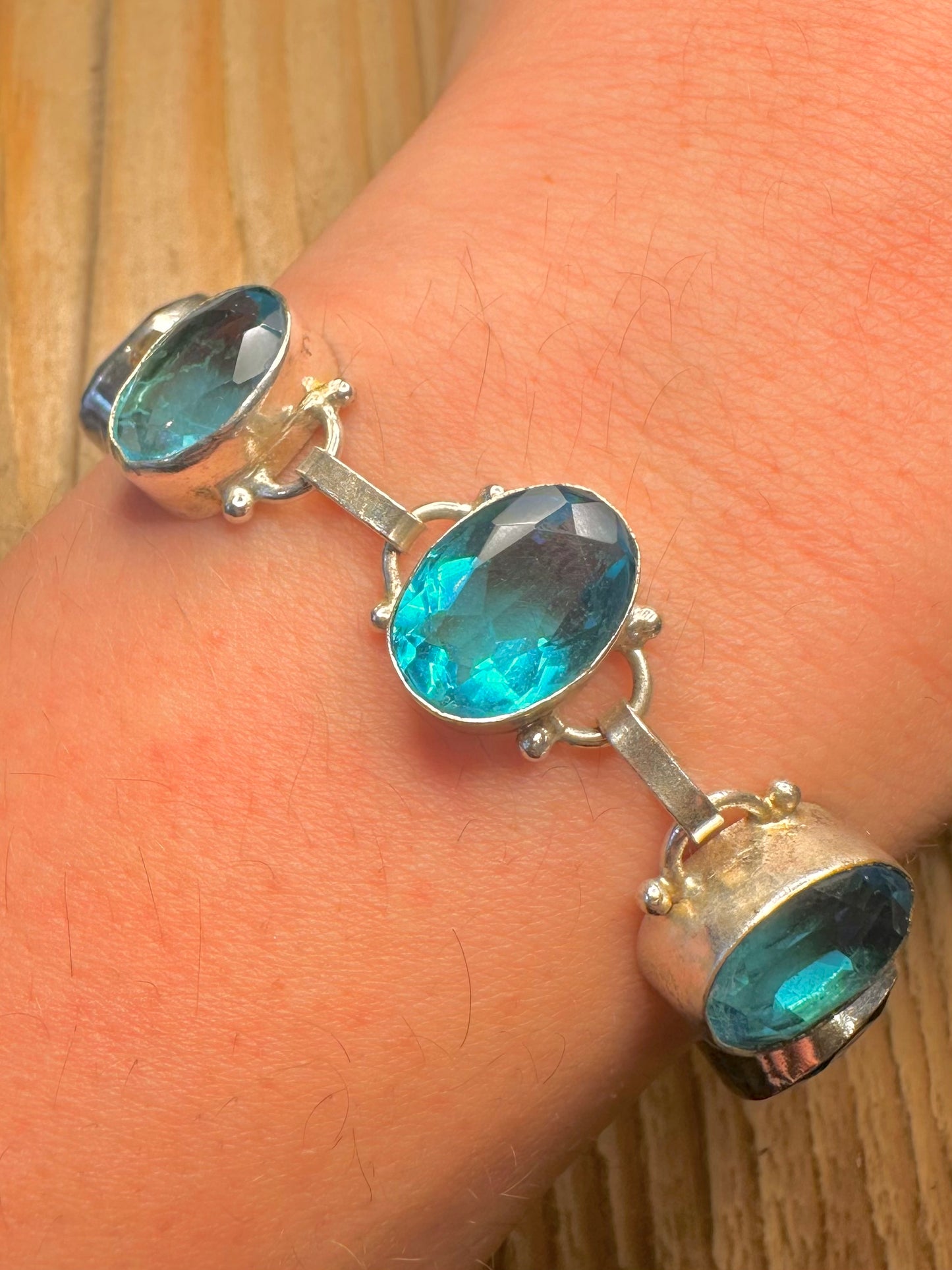 Vintage Blue Topaz Oval Link 925 Sterling Silver 7 to 7.5 inch Bracelet